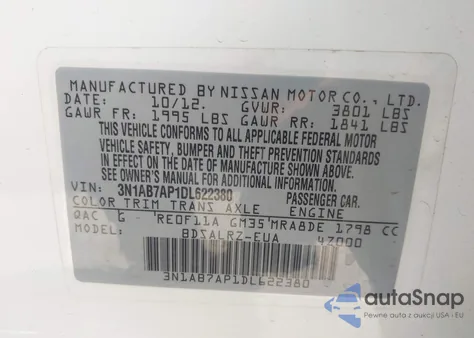 2013 Nissan Sentra Sr z USA, uszkodzony, nr VIN 3N1AB7AP1DL622380